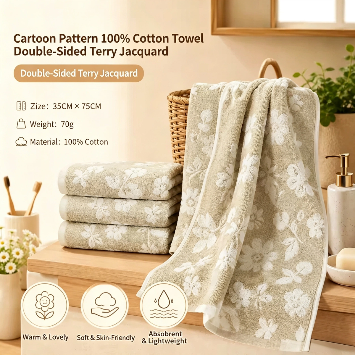 Vosges 100% Cotton Jacquard Towel, Cartoon Floral Double‑Sided Terry Hand Towel, Absorbent, Antibacterial, Anti‑Pilling for Home, Dorm, Bathroom, Students